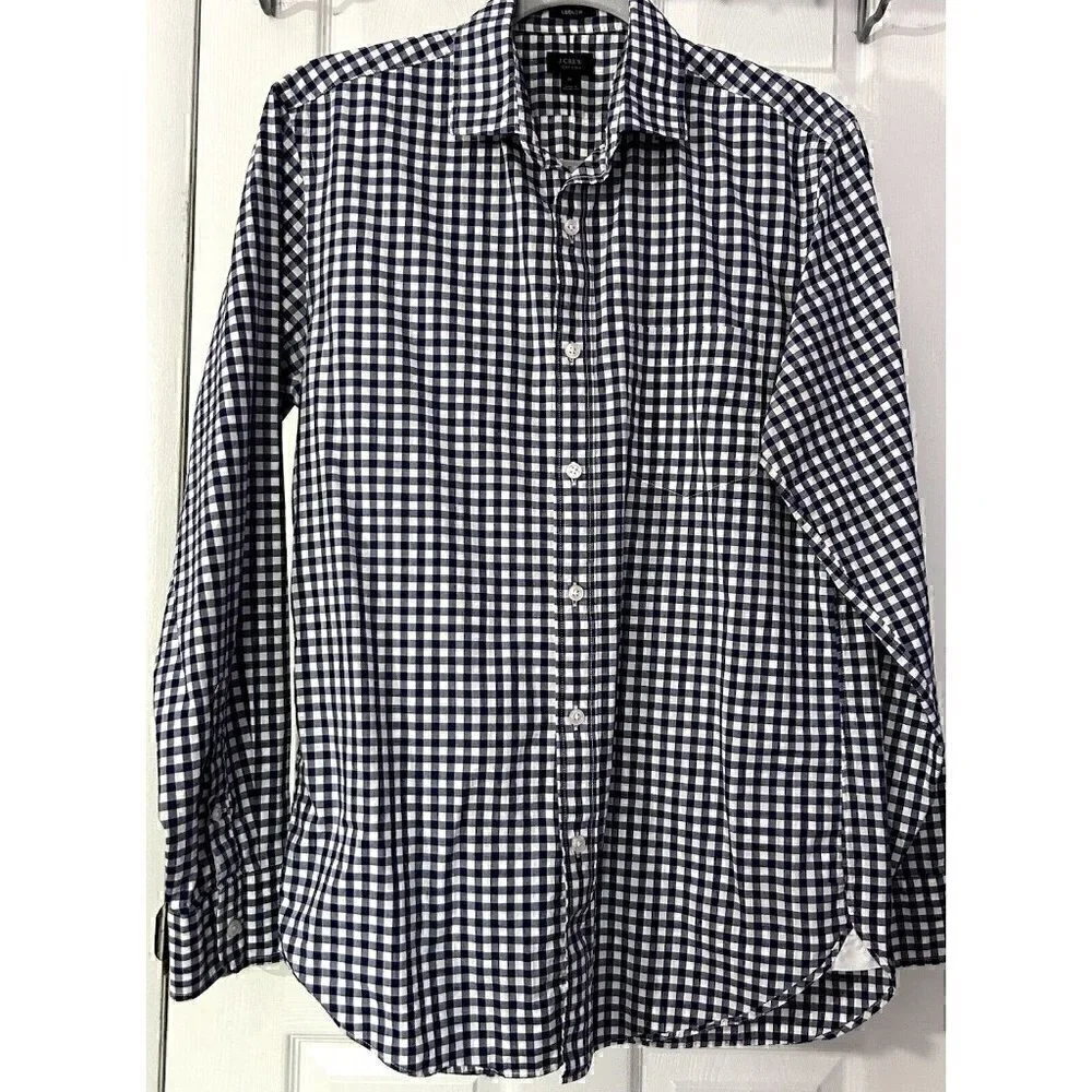J Crew Ludlow Mens M Gingham Plaid Long Sleeve Shirt Blue White Preppy Old Money
